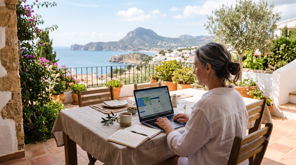 Woman sitting on a terrace in Spain, with a beautiful ocean view discovering hidden fees and friction as she books travel on her laptop